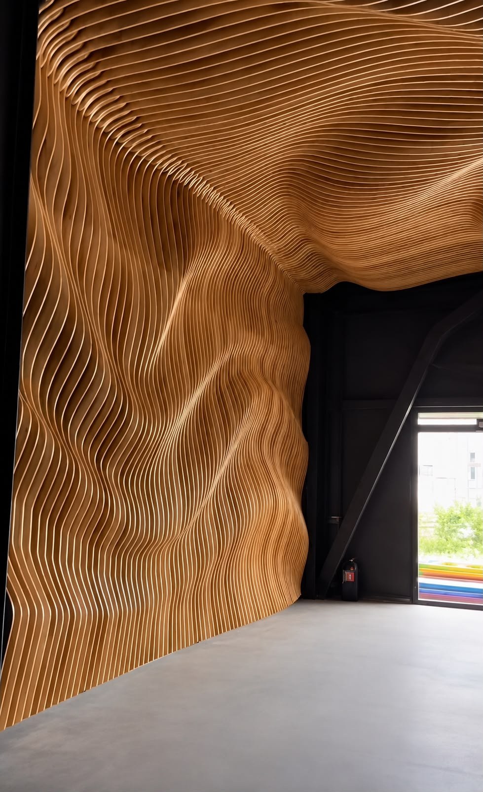 Pared paramétrica de madera con formas onduladas