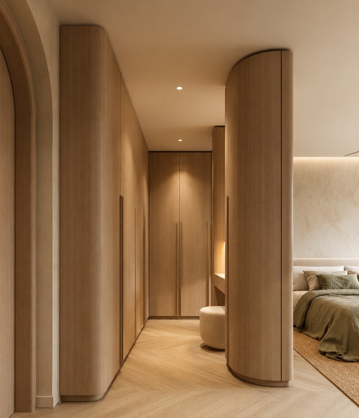 Panelados curvos de madera en un interior contemporáneo