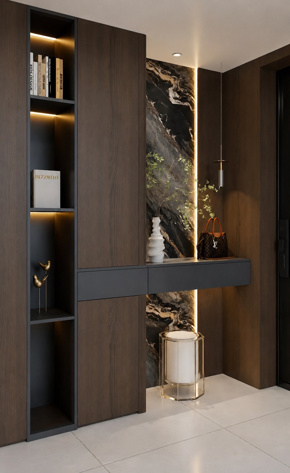 Vestidor de madera con armarios y estantes integrados