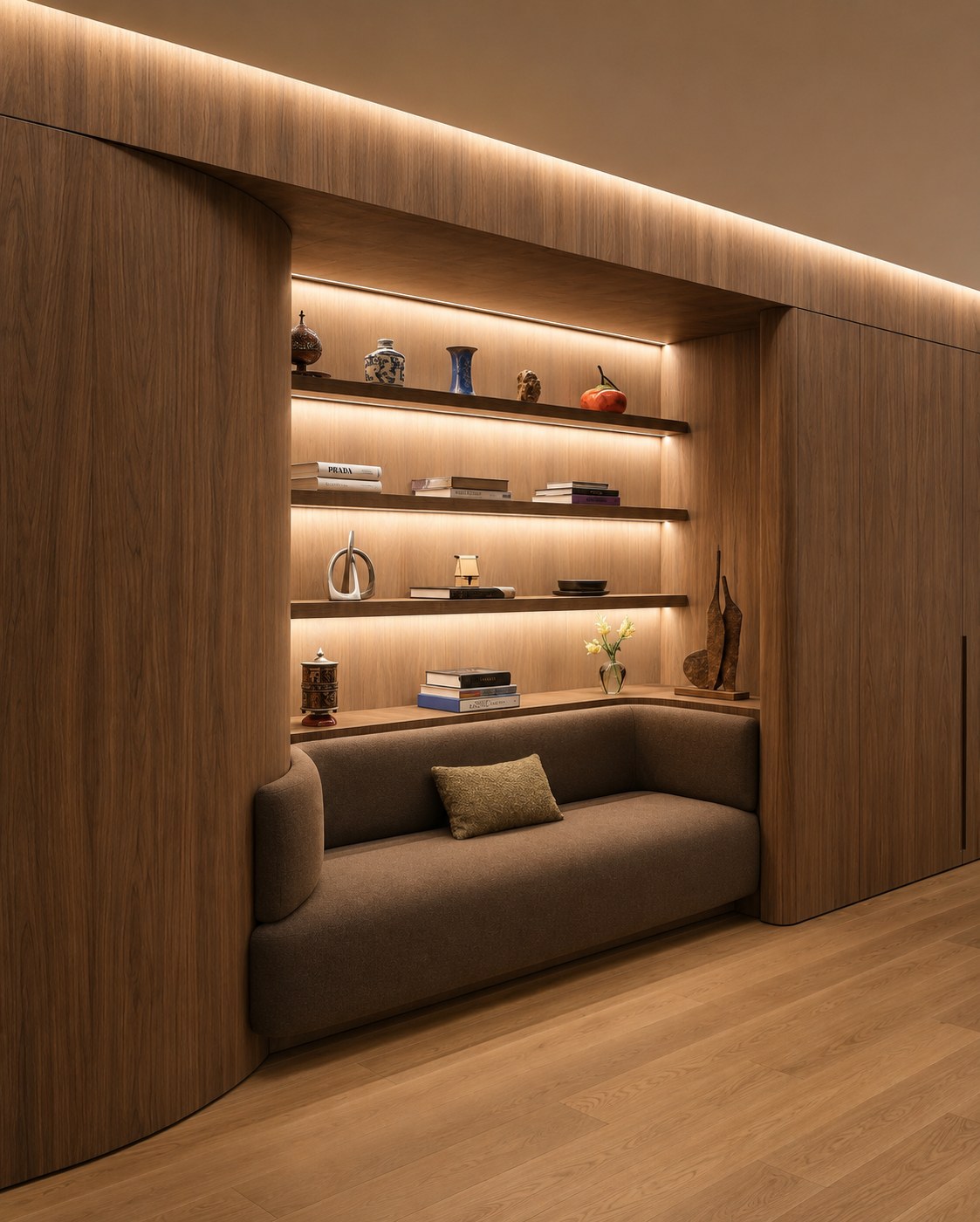 Panelado de madera integrado en un salón con estanterías iluminadas