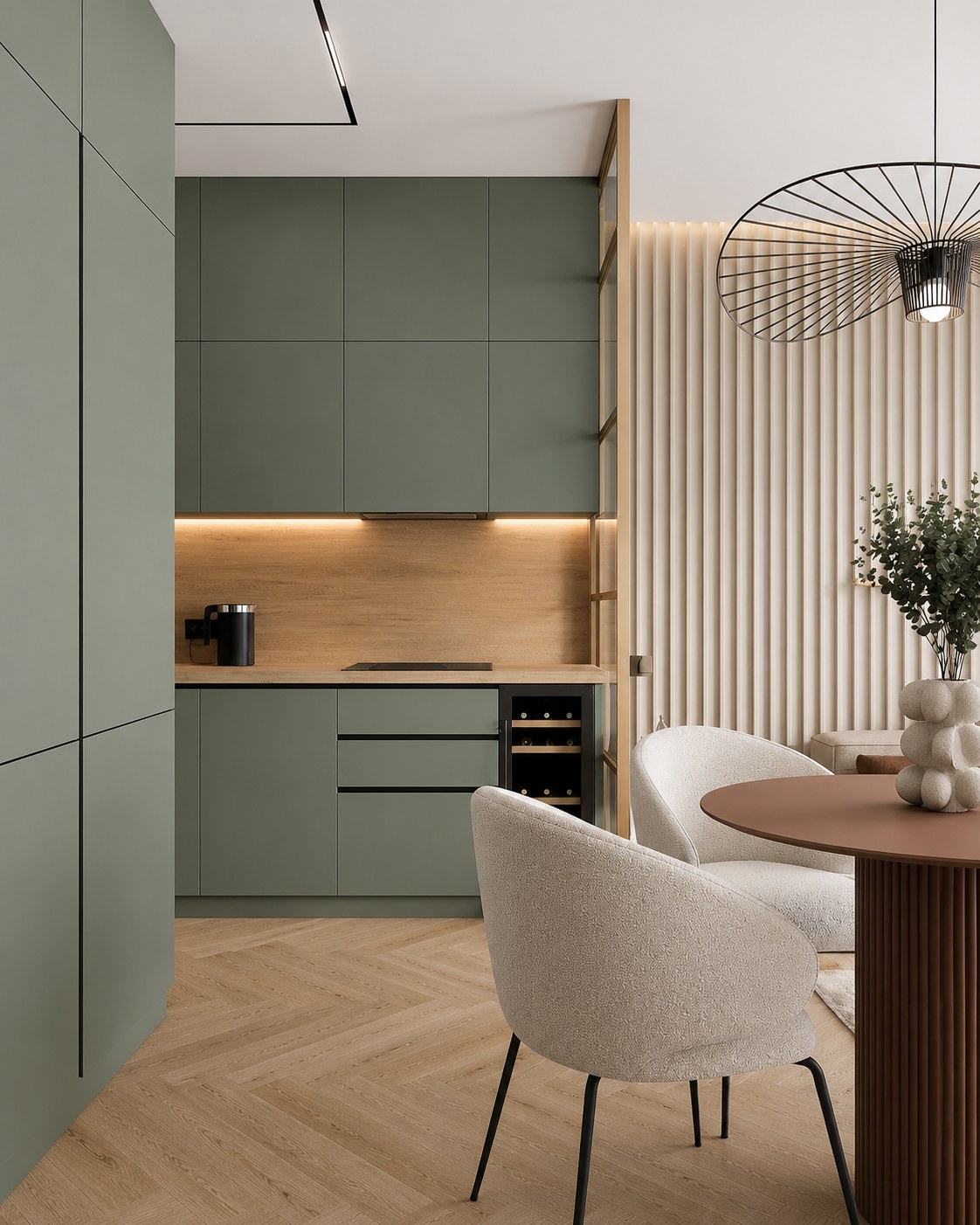 Cocina a medida en verde oliva y madera